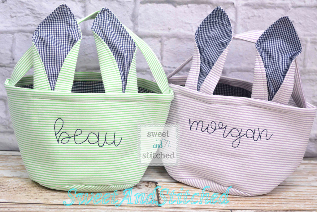 Monogrammed Easter baskets in pink, purple, green and blue seersucker – Sweet and Stitched
